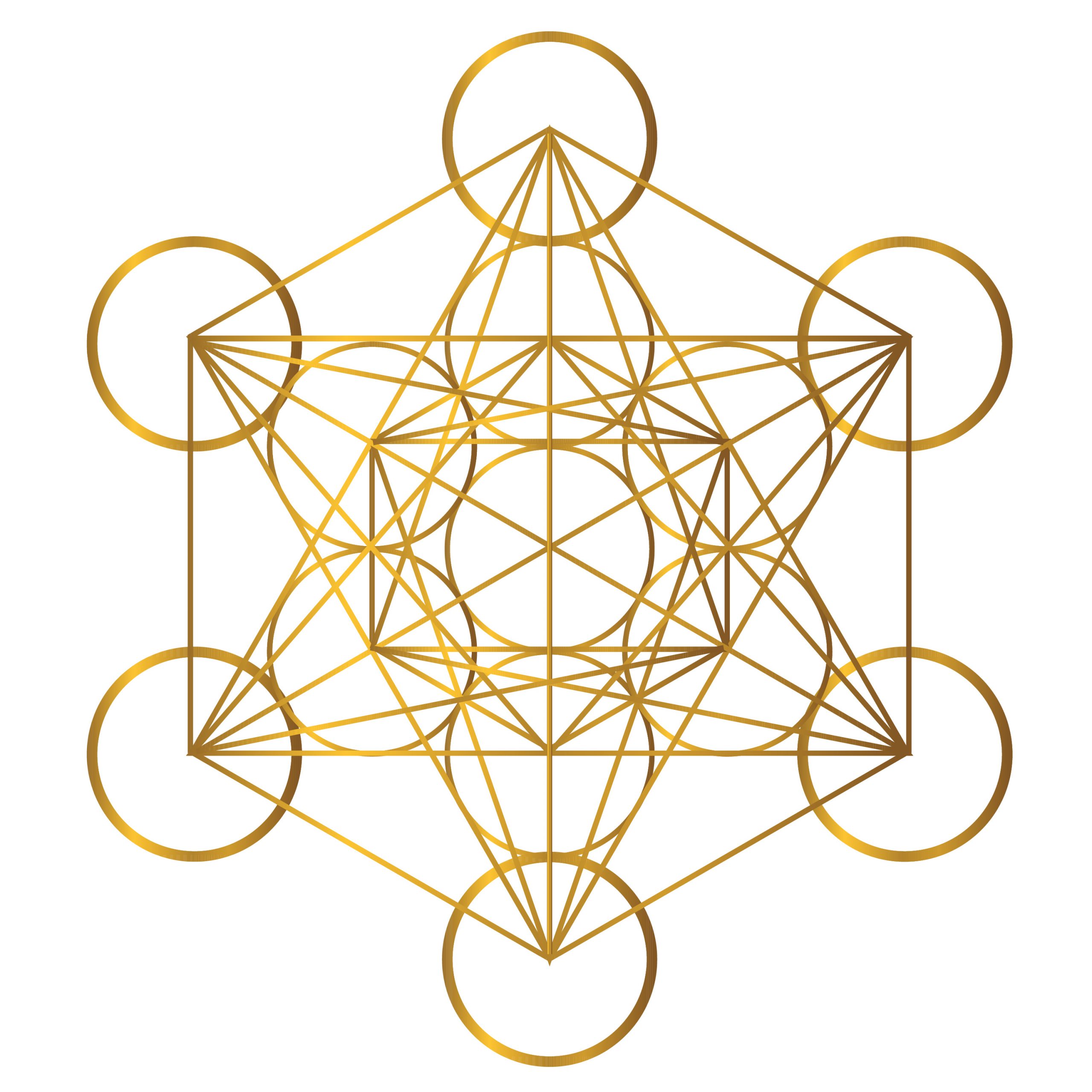 golden metatron cube, stroke vector, a mystical symbol, derived from the flower of life. sacred geometry. thirteen circles are connected with golden lines. spiritual symbol. transparent background